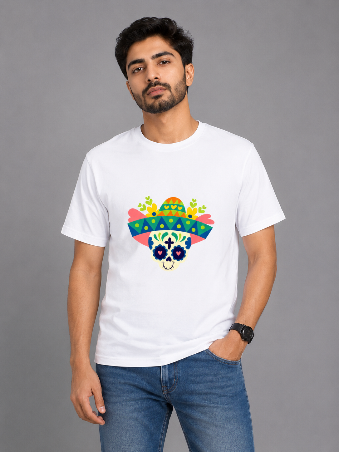 Funny Sugar Skull - Classic Crew Cotton T-Shirt for Men