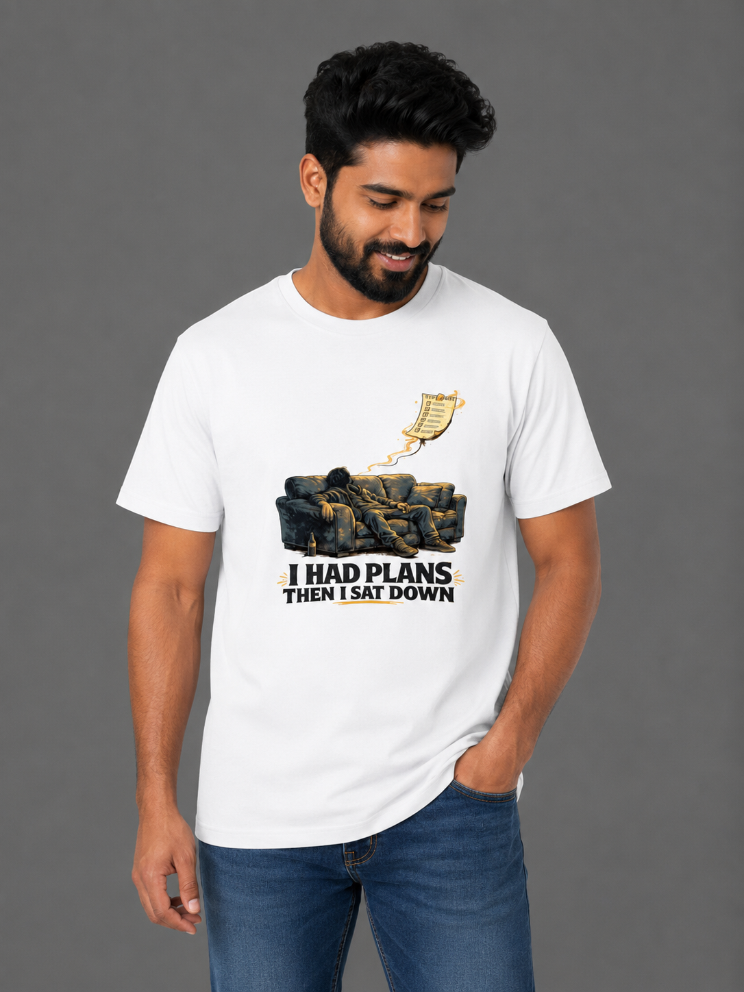 I Had Plans Then I Sat Down | Relatable Printed Men's Classic Crew Cotton T-Shirt | Printed Nonsense