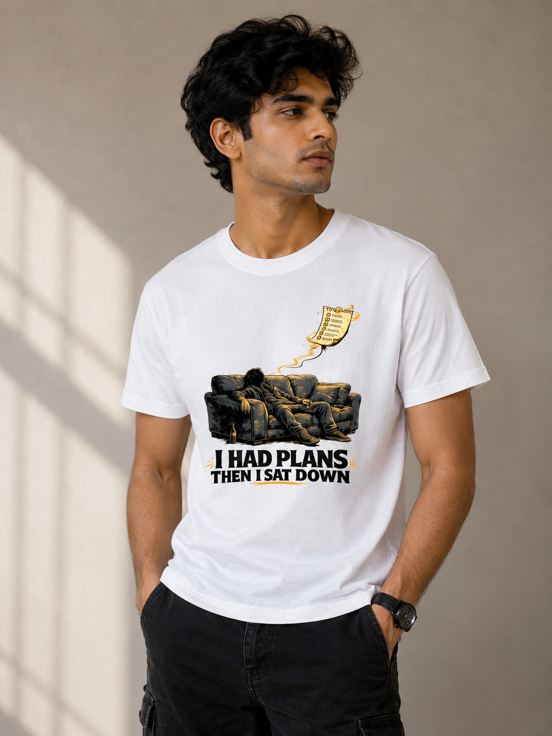 I Had Plans Then I Sat Down – Funny Lazy Mood Graphic T-Shirt