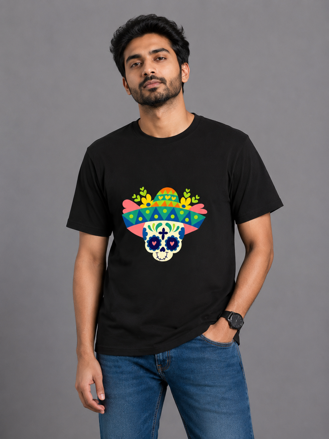 Funny Sugar Skull - Classic Crew Cotton T-Shirt for Men