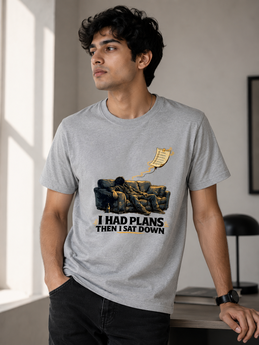 I Had Plans Then I Sat Down – Funny Lazy Mood Graphic T-Shirt