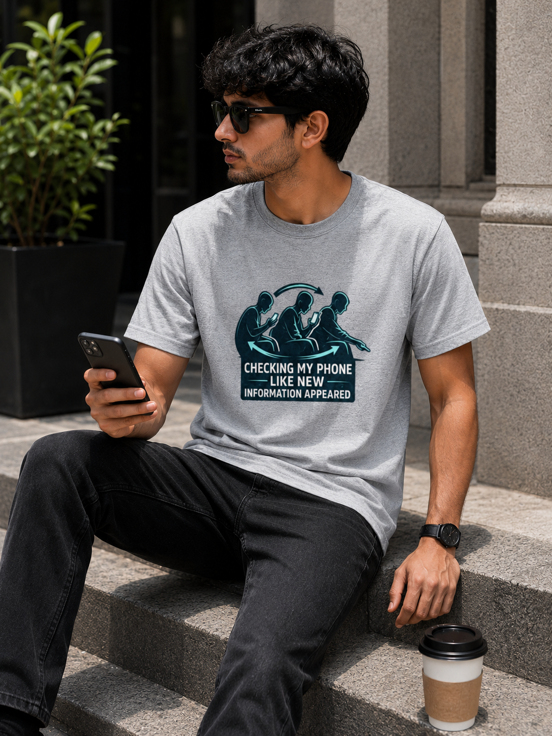 Checking My Phone Like New Information Appeared Classic Crew Cotton T-Shirt for Men