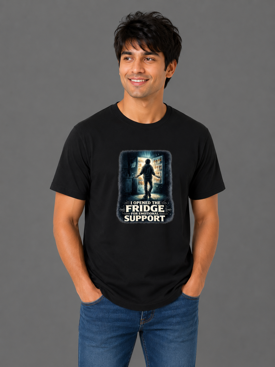 I Opened The Fridge For Emotional Support | Relatable Printed Men's Classic Crew Cotton T-Shirt | Printed Nonsense
