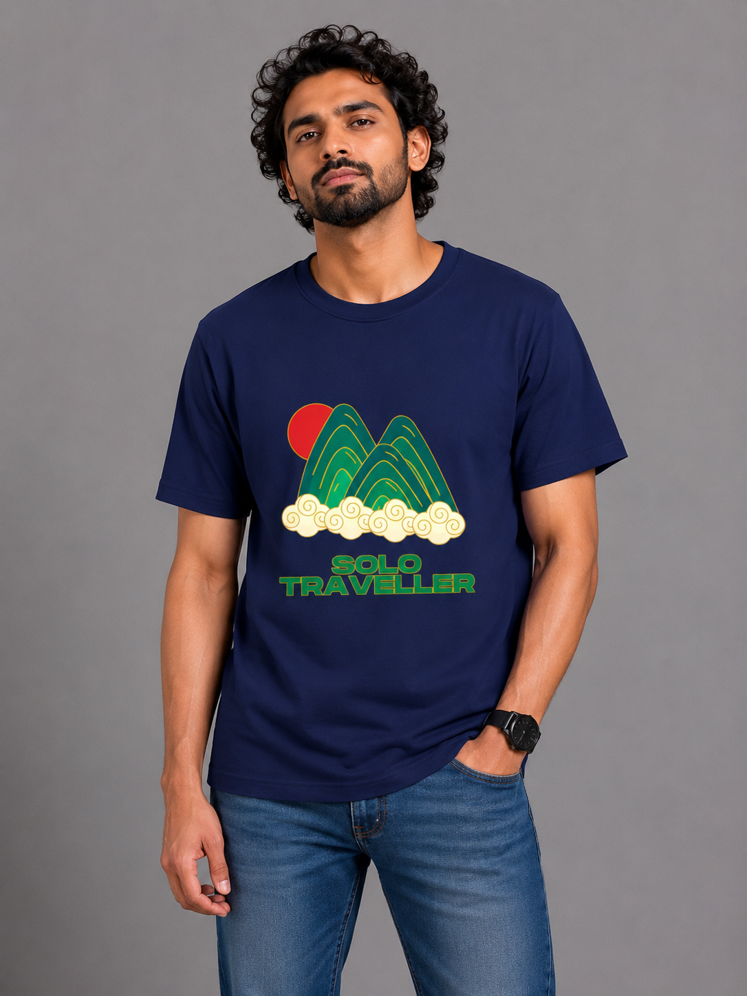 Solo Traveller Graphic Printed Classic Crew Cotton T-Shirt for Men