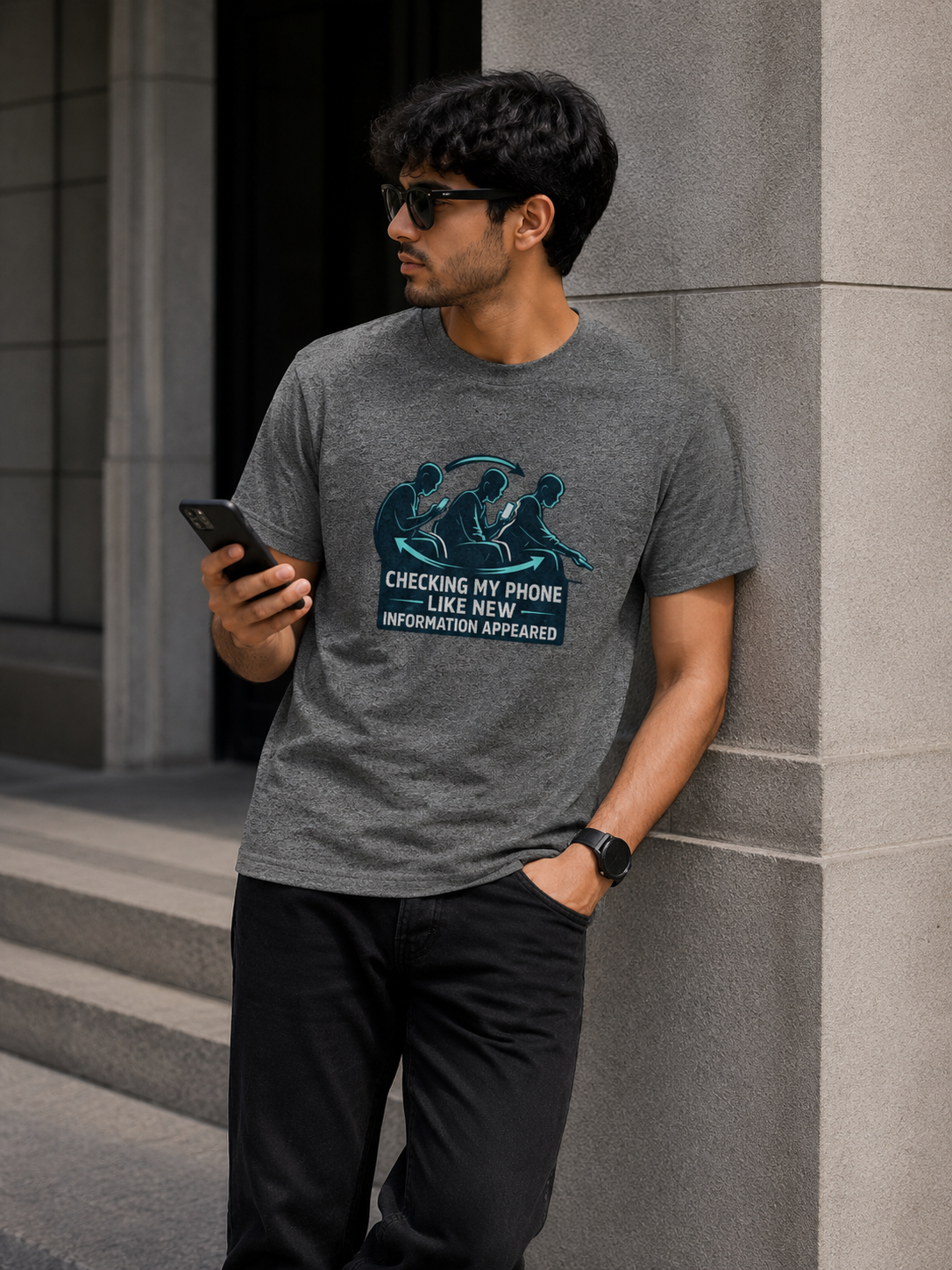 Checking My Phone Like New Information Appeared Classic Crew Cotton T-Shirt for Men