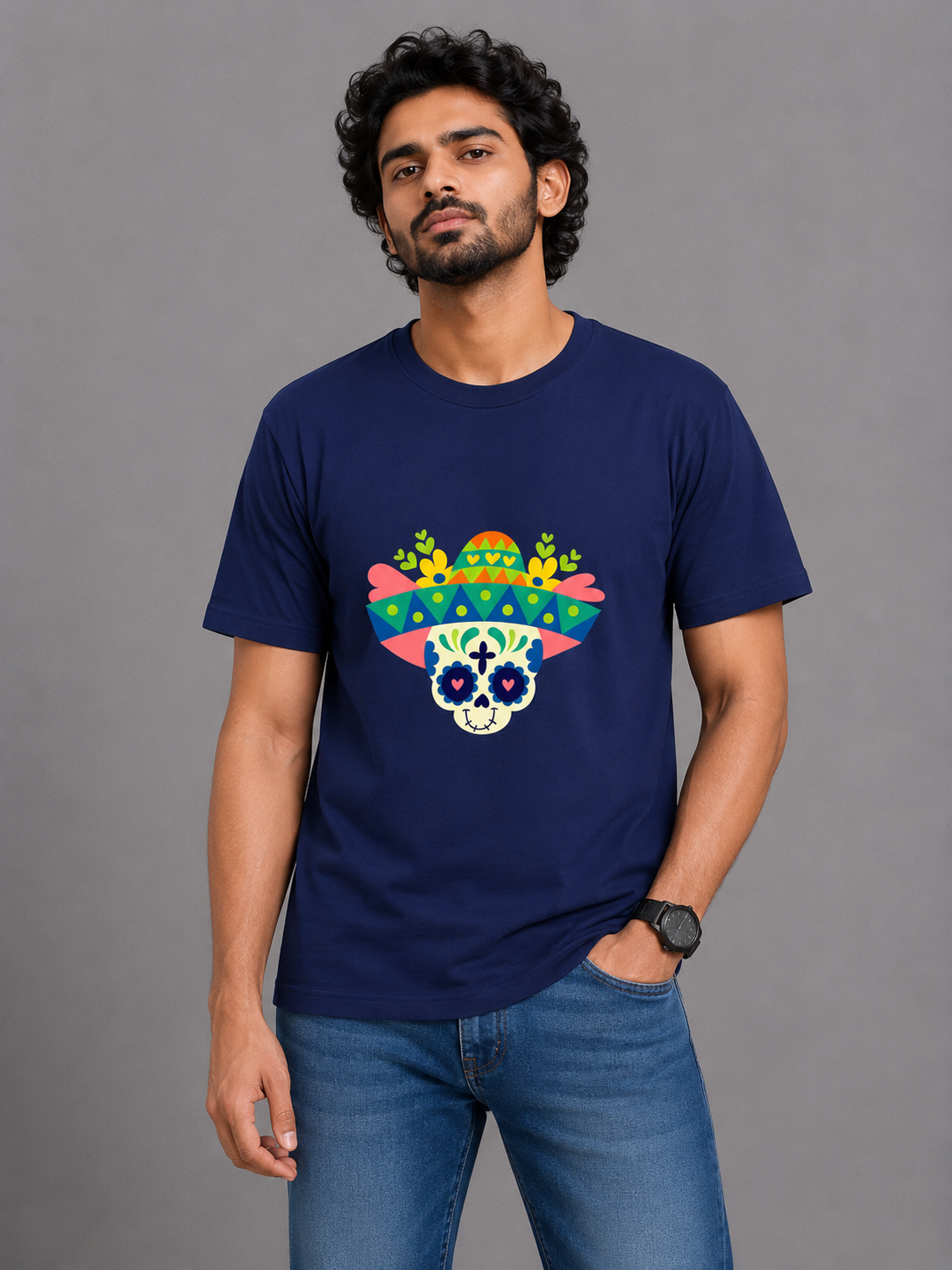 Funny Sugar Skull - Classic Crew Cotton T-Shirt for Men