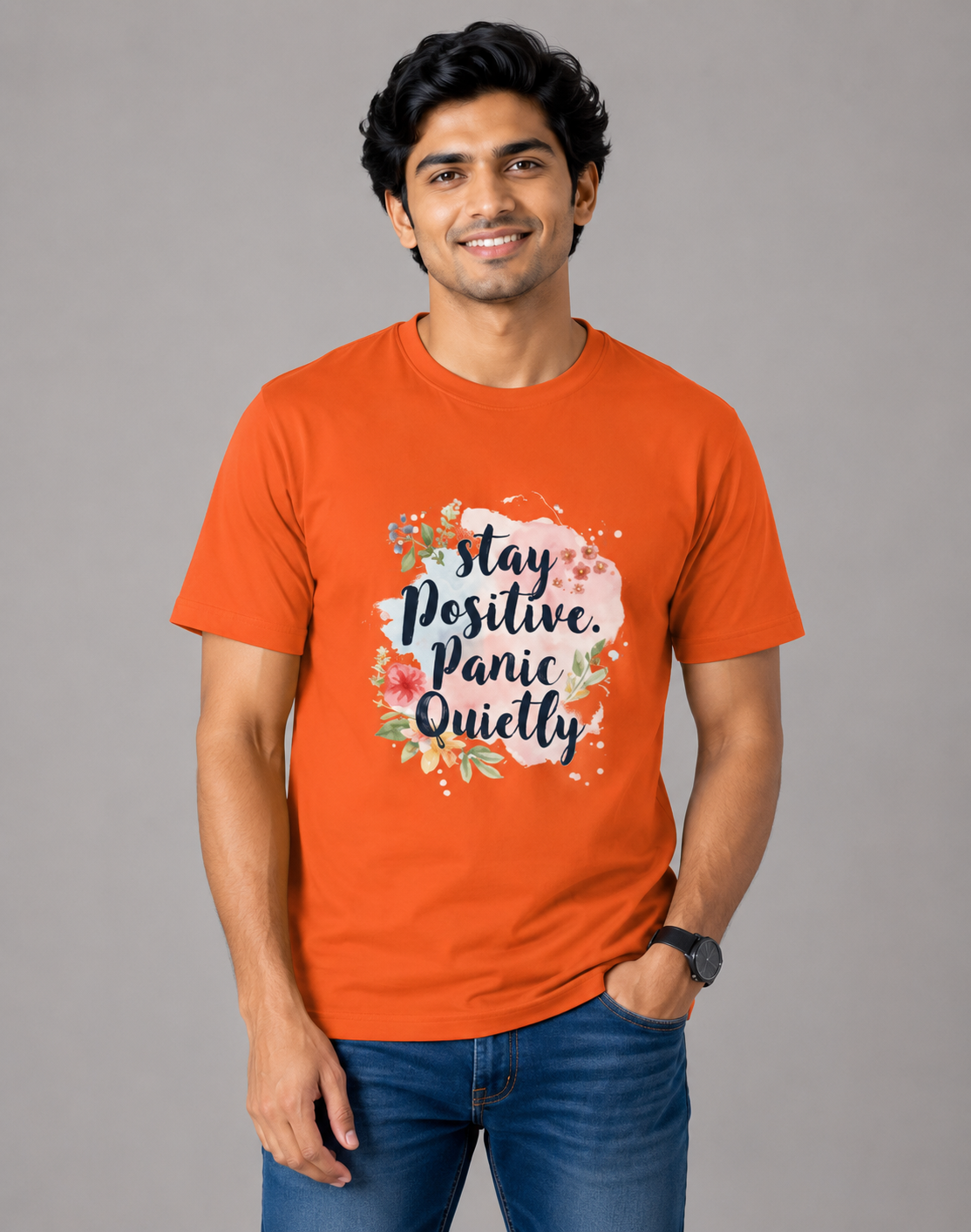 Stay Positive Panic Quietly - Classic Crew Cotton T-Shirt for Men