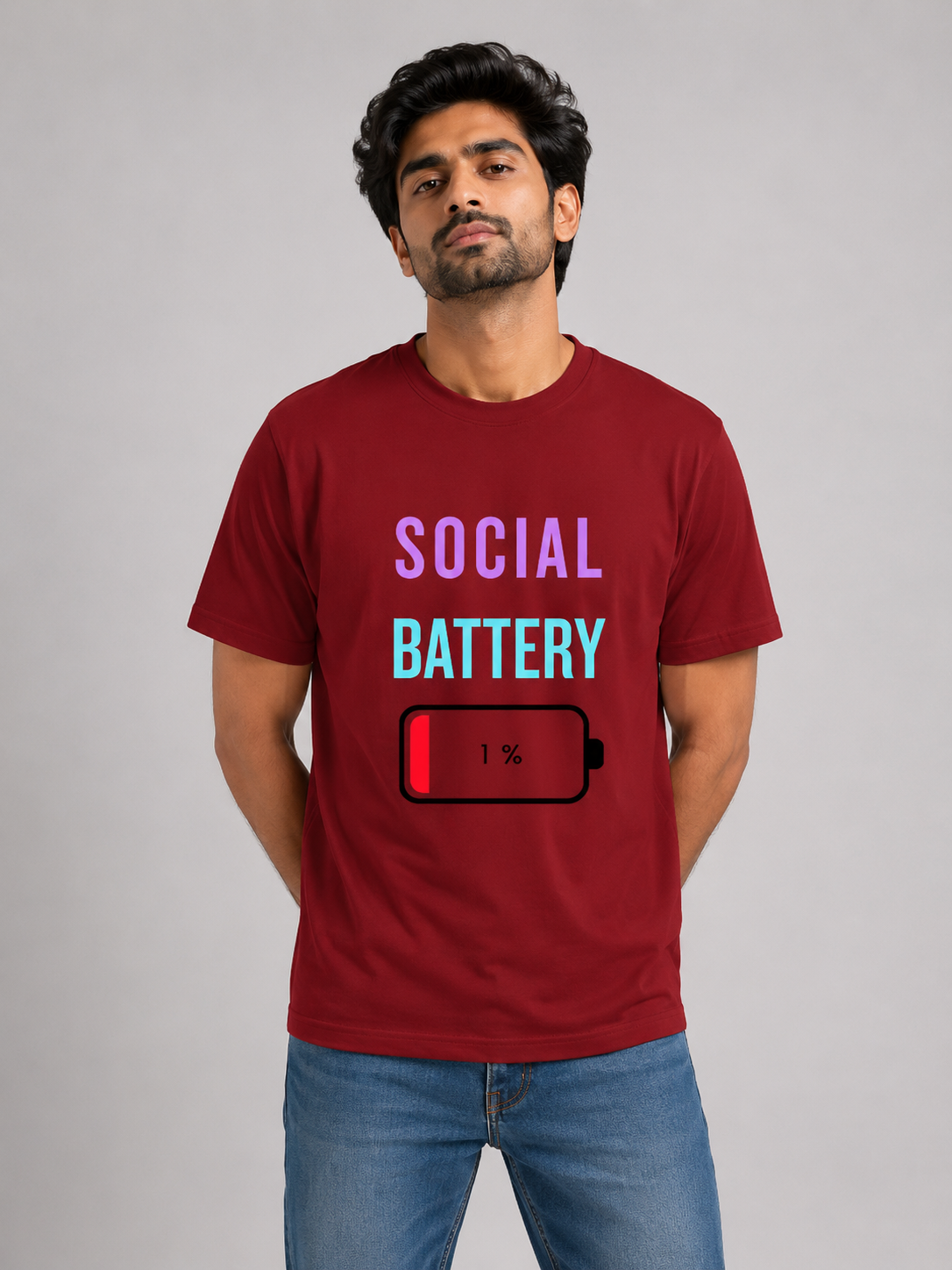Social Battery Down - Classic Crew Cotton T-Shirt for Men