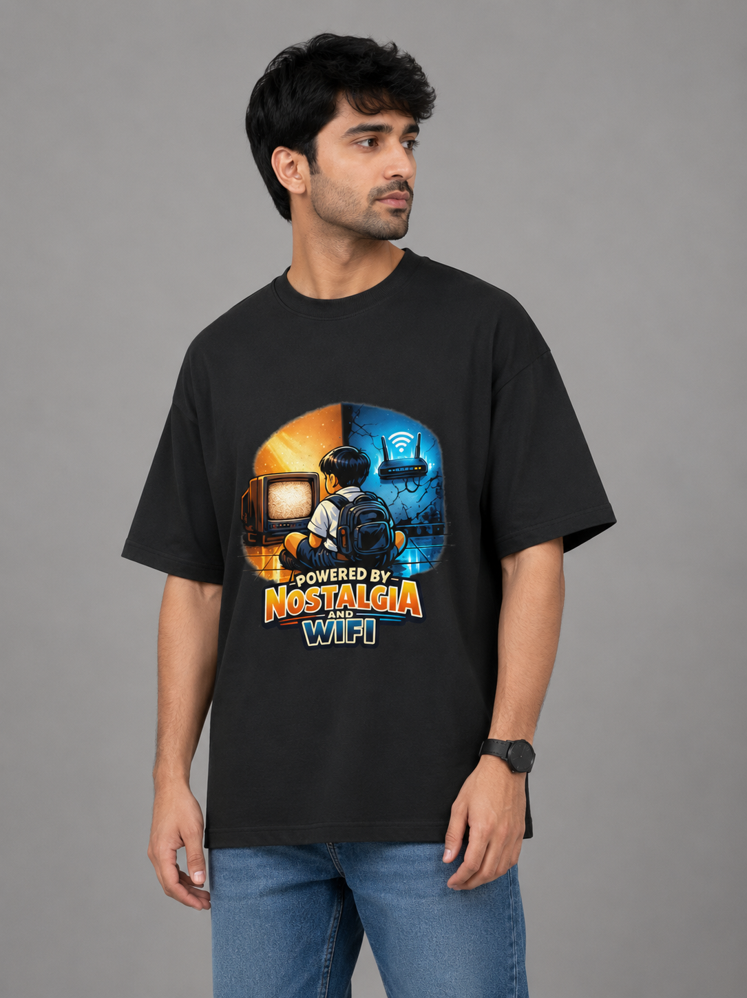 Powered By Nostalgia and WIFI - Classic Crew Oversized T-Shirt