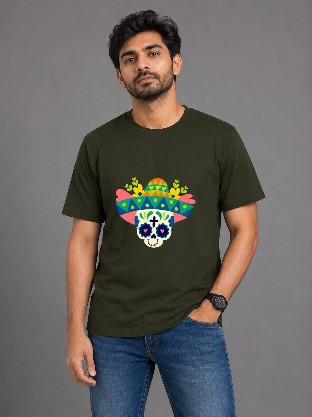 Funny Sugar Skull - Classic Crew Cotton T-Shirt for Men