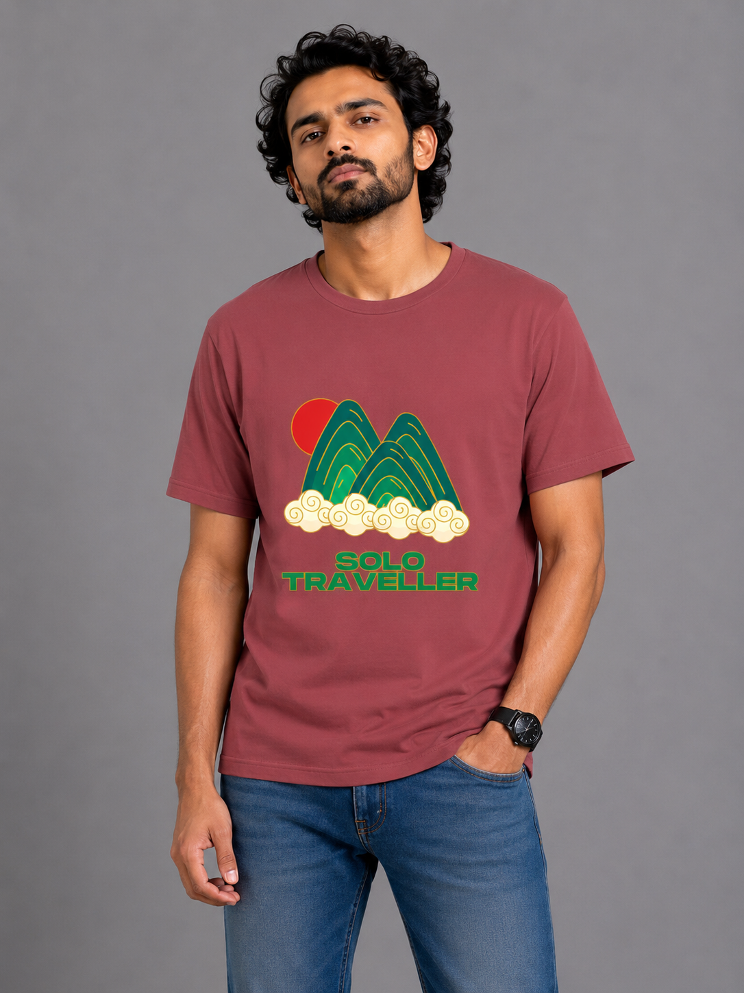 Solo Traveller Graphic Printed Classic Crew Cotton T-Shirt for Men