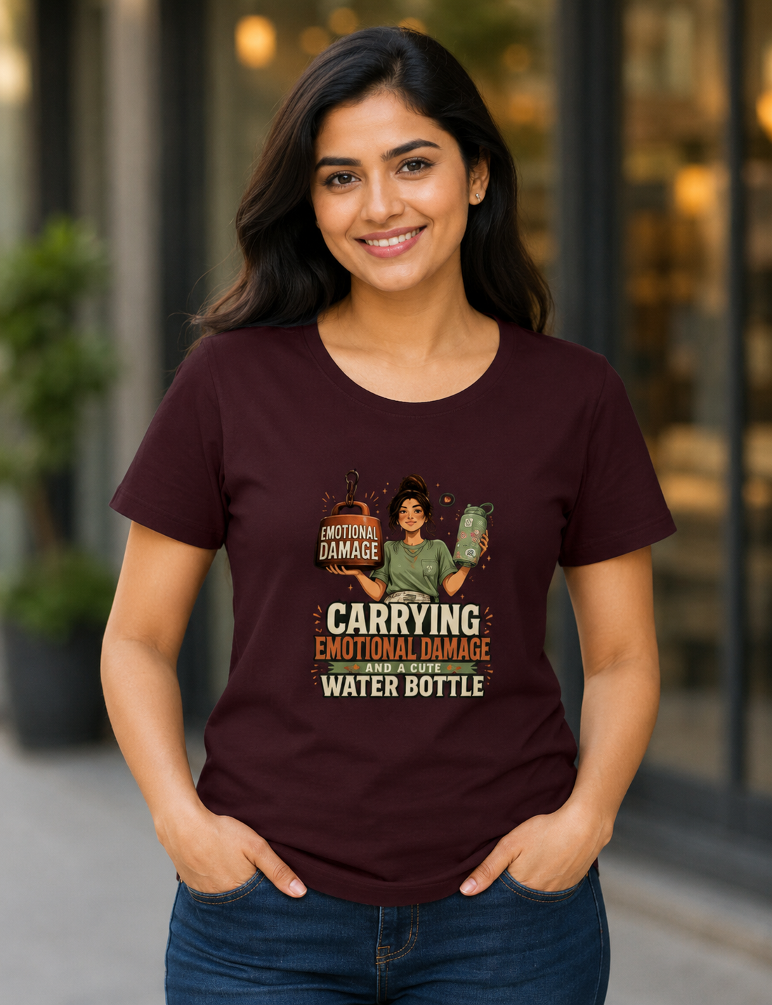 Carrying Emotional Damage and a Cute Water Bottle Women's Graphic T-Shirt