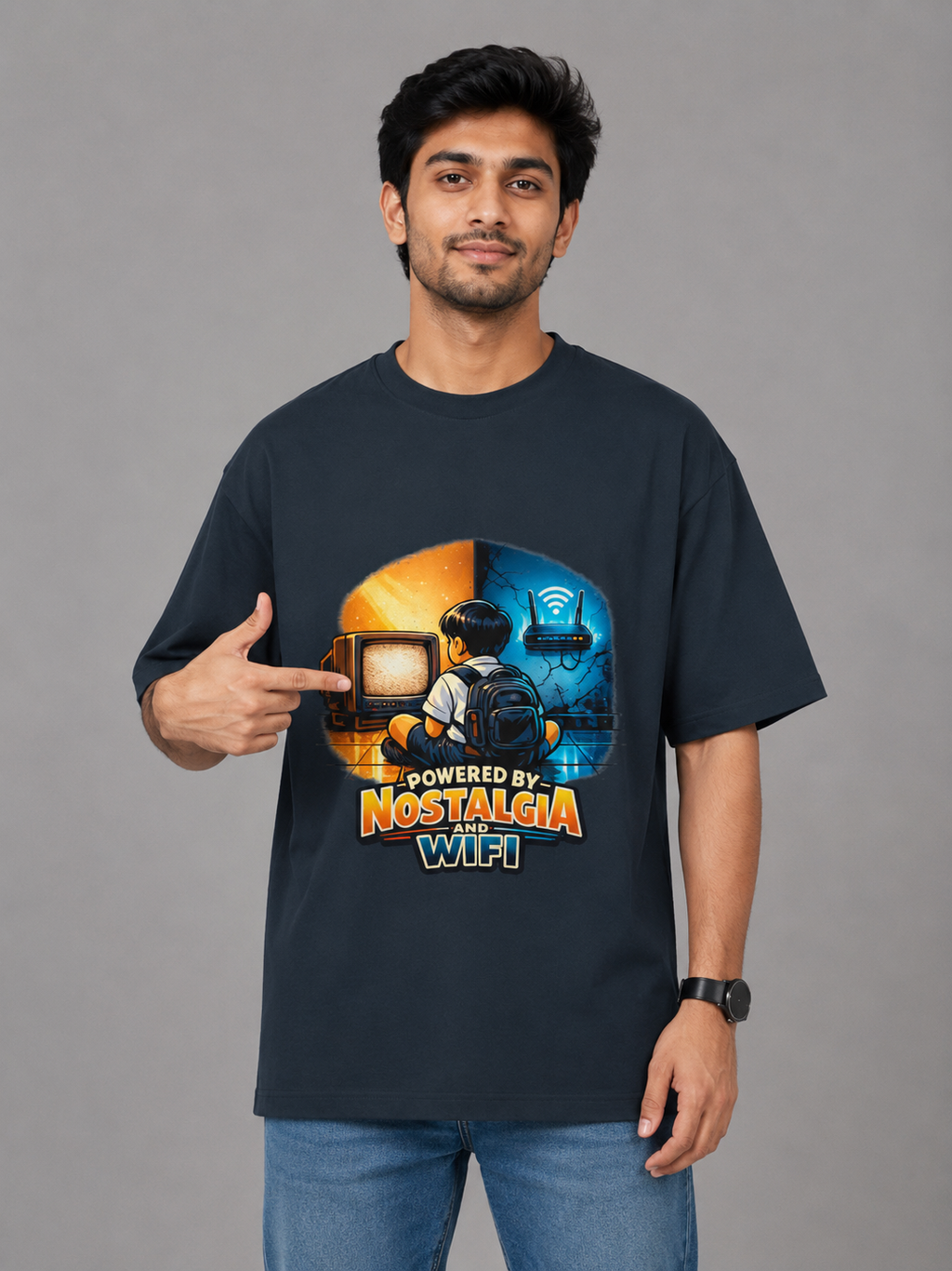 Powered By Nostalgia and WIFI - Classic Crew Oversized T-Shirt