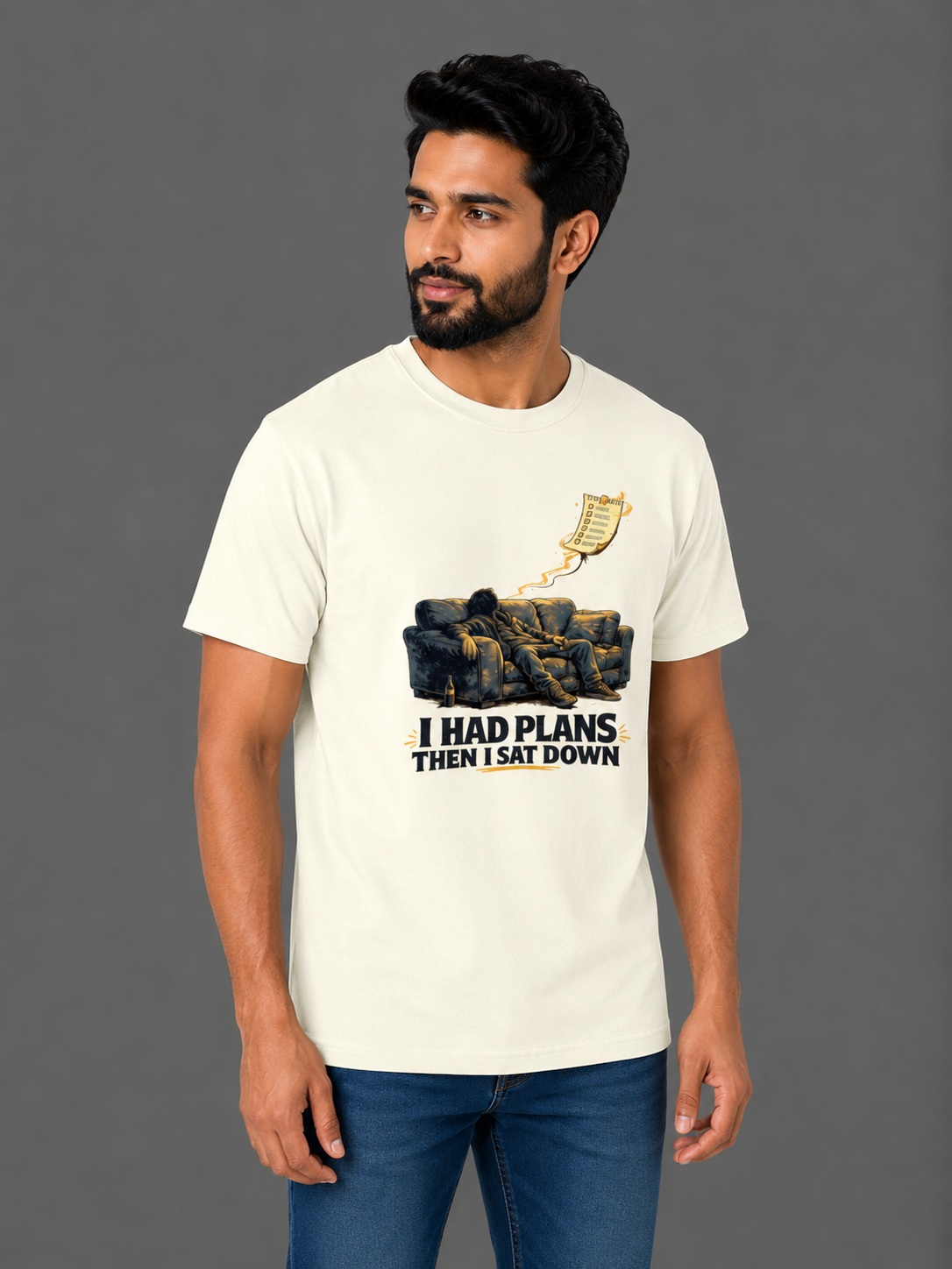 I Had Plans Then I Sat Down | Relatable Printed Men's Classic Crew Cotton T-Shirt | Printed Nonsense