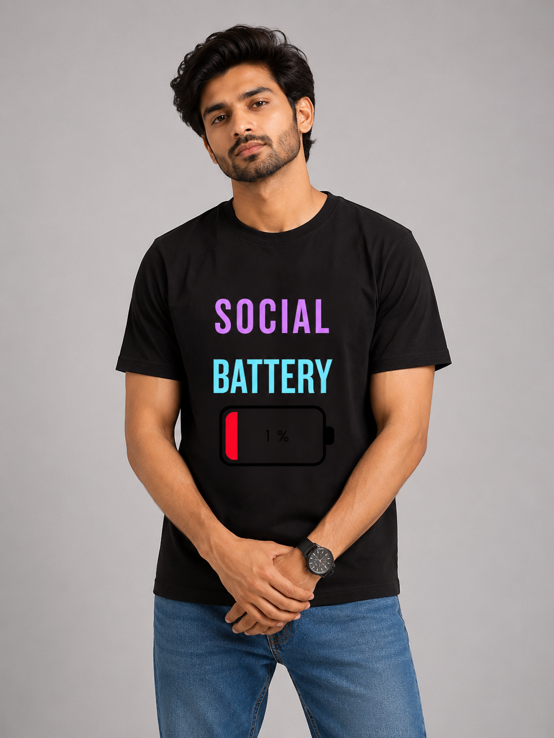 Social Battery Down - Classic Crew Cotton T-Shirt for Men