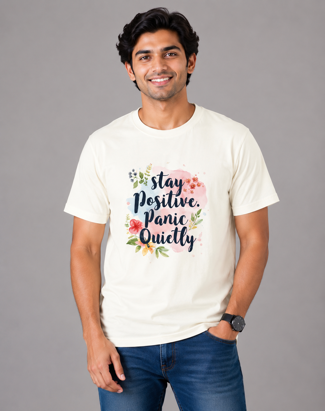 Stay Positive Panic Quietly - Classic Crew Cotton T-Shirt for Men