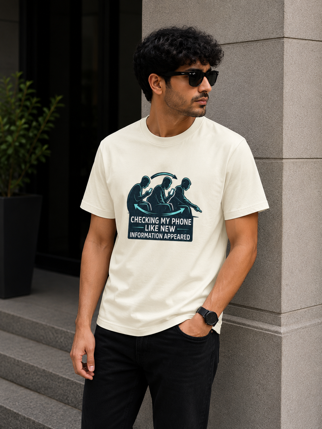 Checking My Phone Like New Information Appeared Classic Crew Cotton T-Shirt for Men