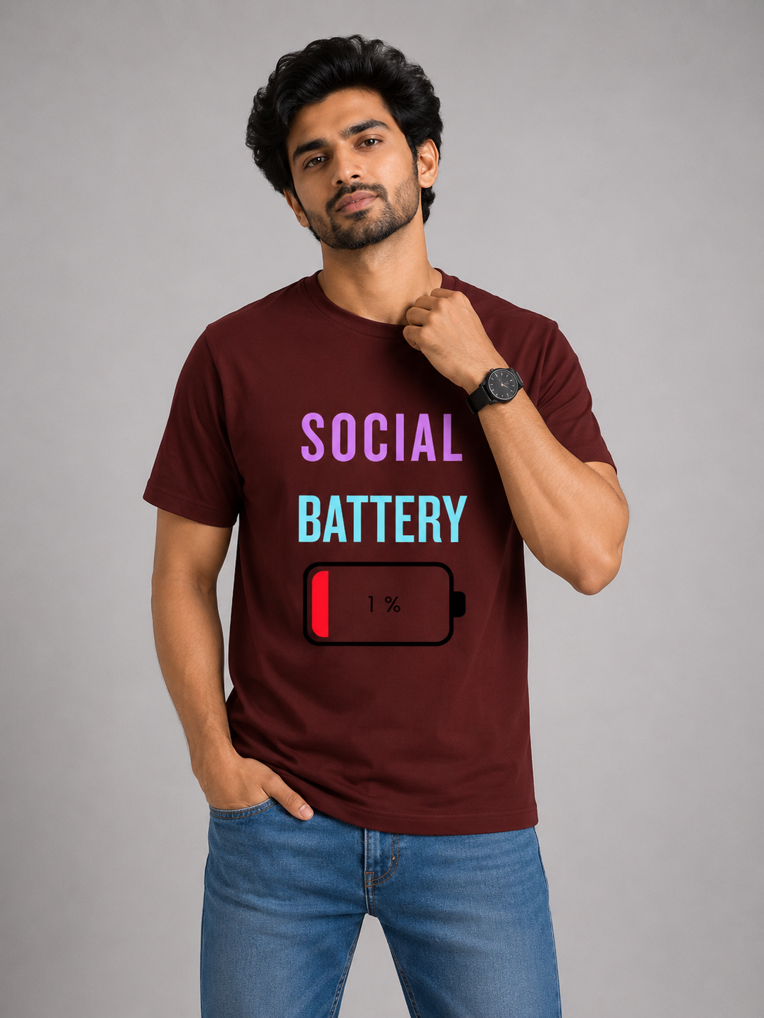Social Battery Down - Classic Crew Cotton T-Shirt for Men