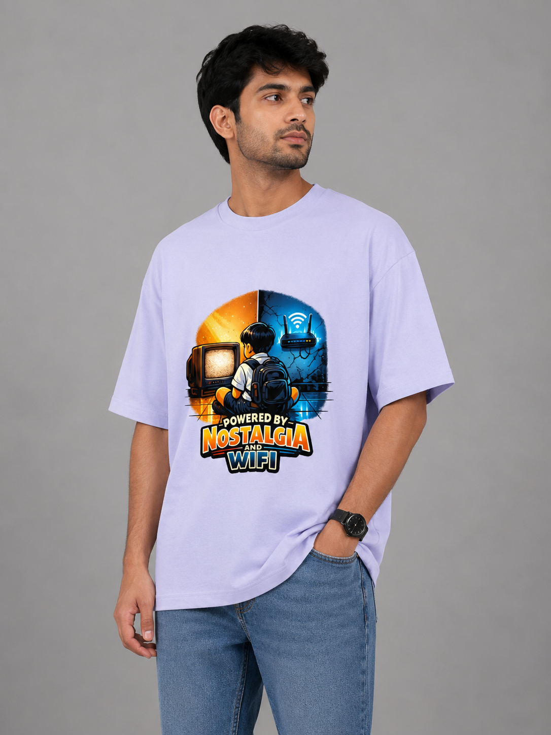 Powered By Nostalgia and WIFI - Classic Crew Oversized T-Shirt