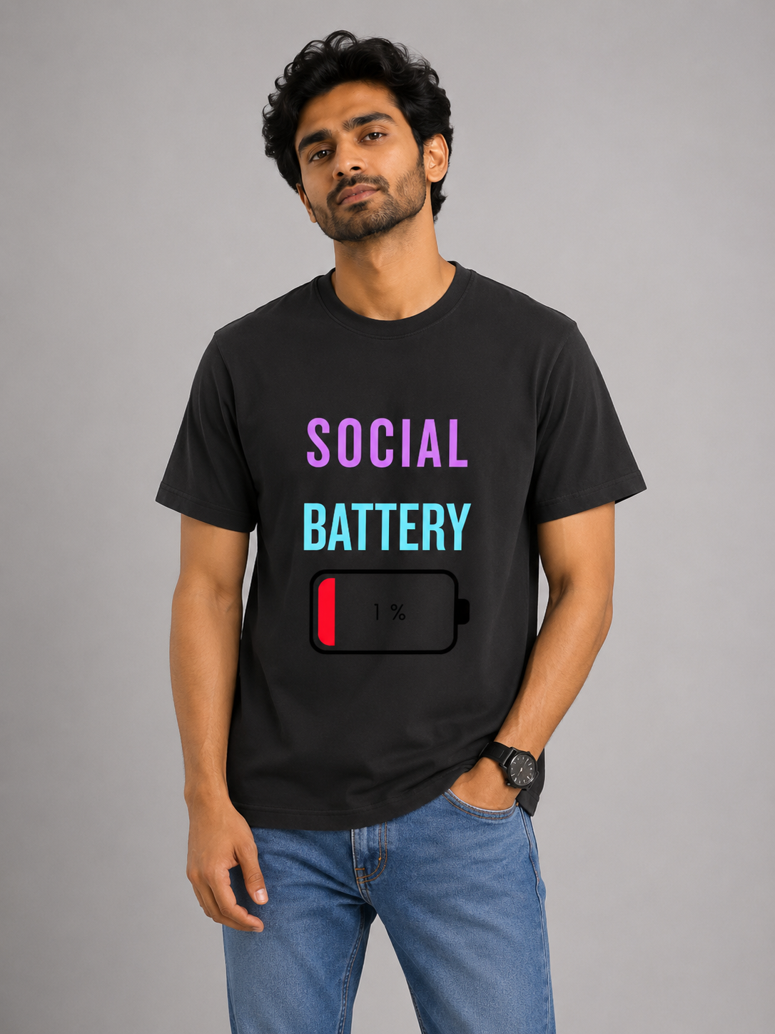 Social Battery Down - Classic Crew Cotton T-Shirt for Men