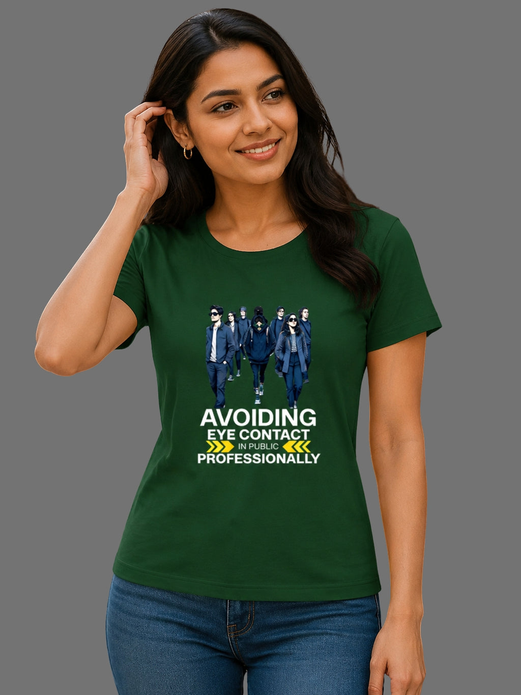 Avoiding Eye Contact in Public Professionally | Relatable Printed Women's Classic Crew Cotton T-Shirt | Printed Nonsense