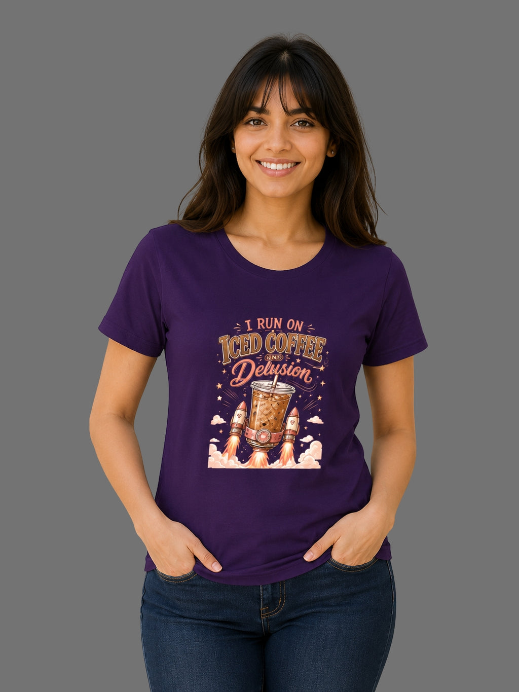 I Run on Iced Coffee and Delusion | Relatable Printed Women's Regular Fit Cotton T-Shirt | Printed Nonsense