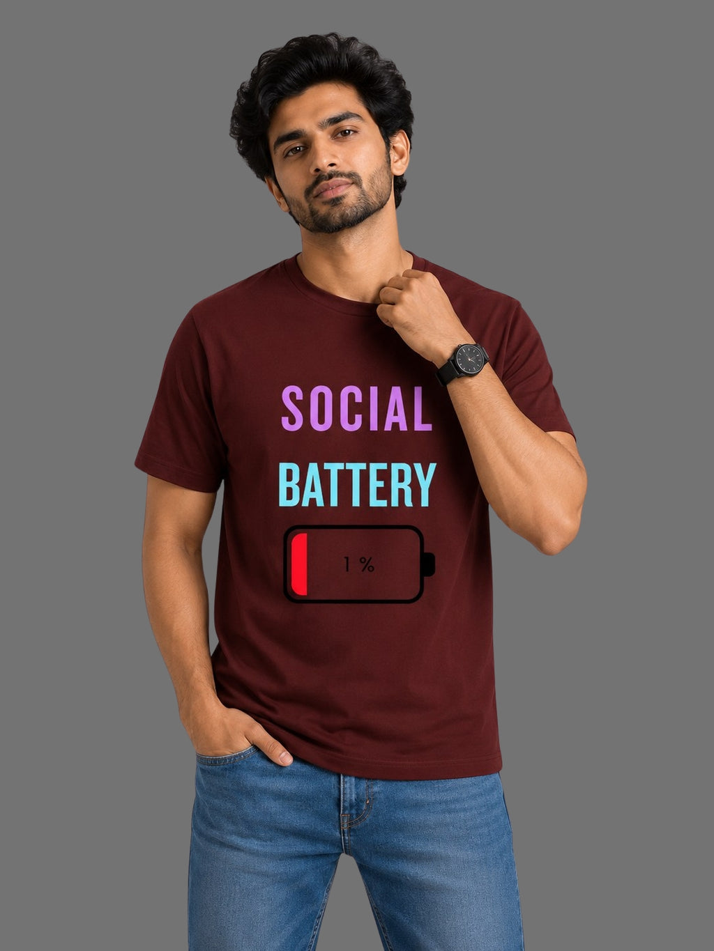 Social Battery Down | Relatable Printed Men's Regular Fit Cotton T-Shirt | Printed Nonsense