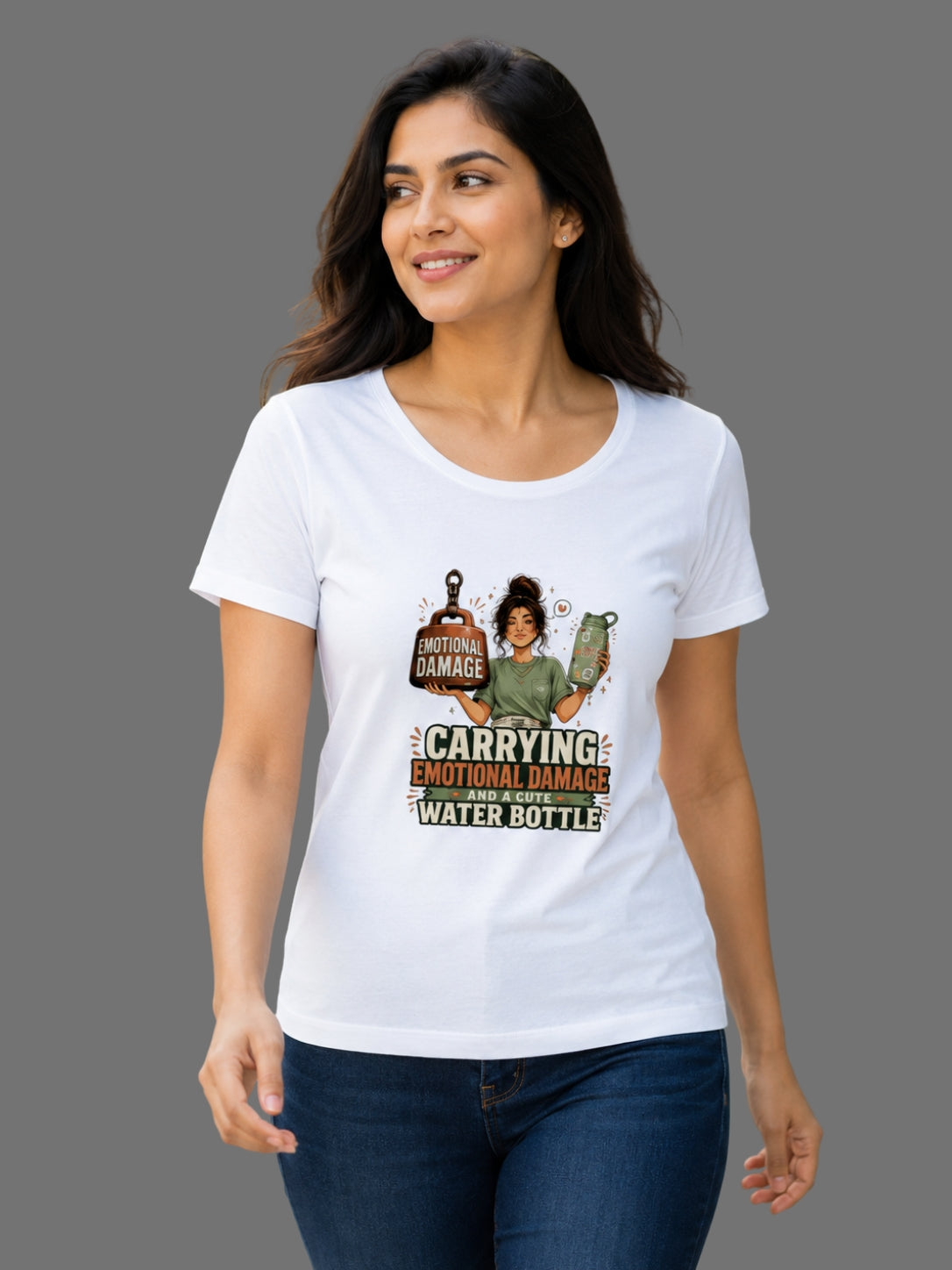 Carrying Emotional Damage and a Cute Water Bottle | Graphic Printed Women's Classic Crew Cotton T-Shirt | Printed Nonsense