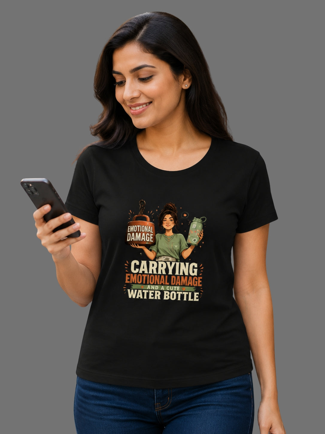 Carrying Emotional Damage and a Cute Water Bottle | Graphic Printed Women's Classic Crew Cotton T-Shirt | Printed Nonsense