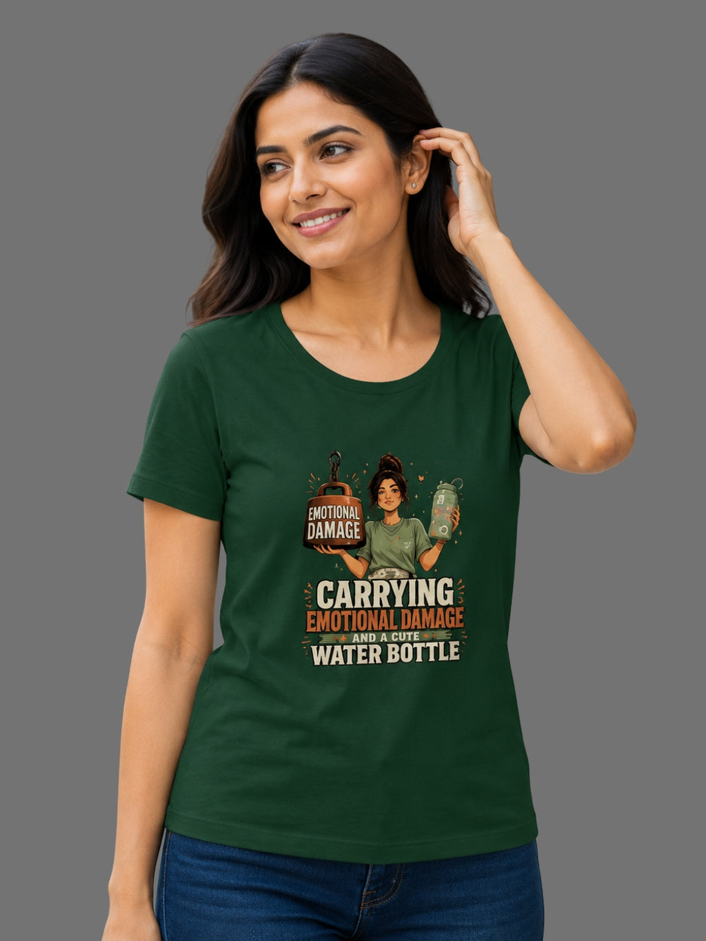 Carrying Emotional Damage and a Cute Water Bottle | Graphic Printed Women's Classic Crew Cotton T-Shirt | Printed Nonsense