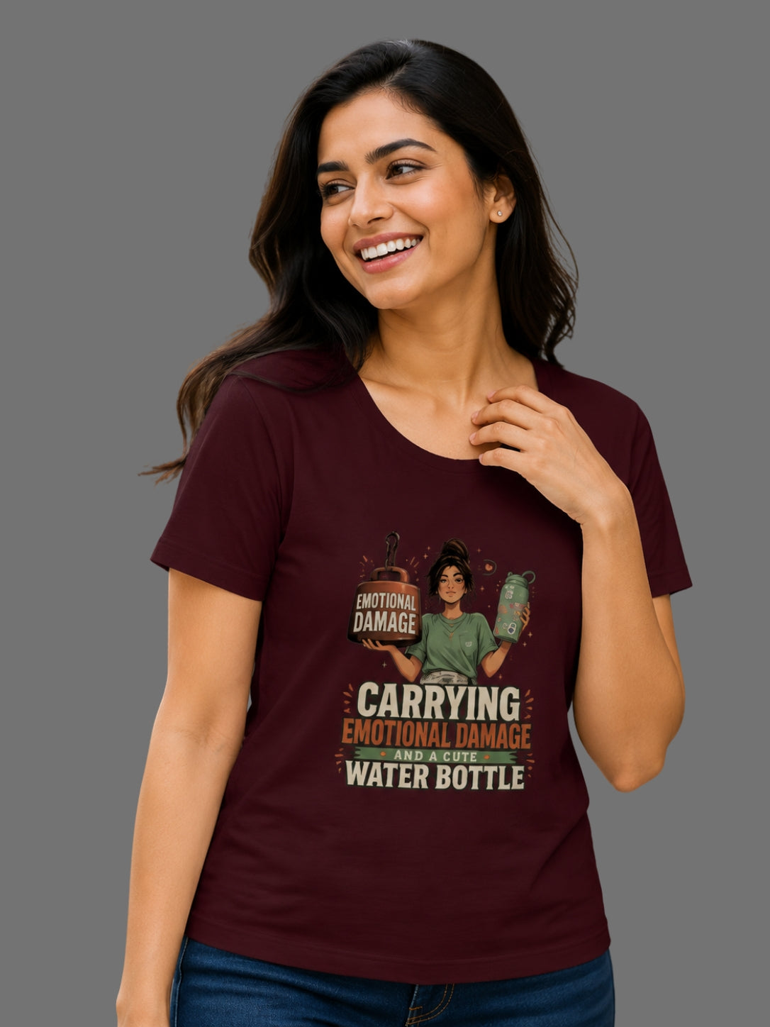 Carrying Emotional Damage and a Cute Water Bottle | Graphic Printed Women's Classic Crew Cotton T-Shirt | Printed Nonsense